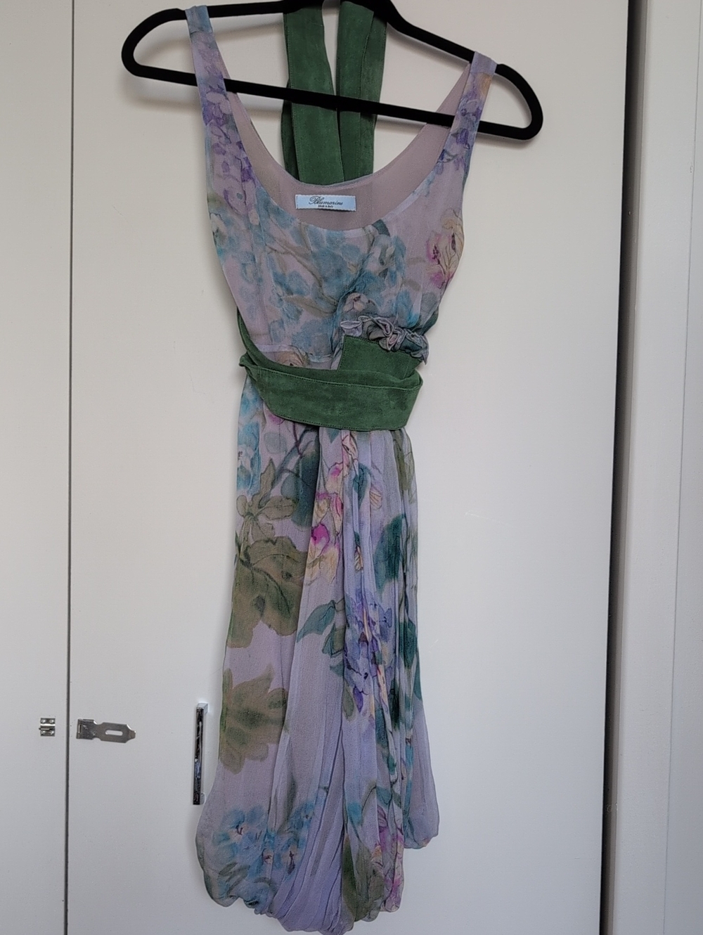 Blumarine Silk Lavender Floral Chiffon Dress with Green Sash